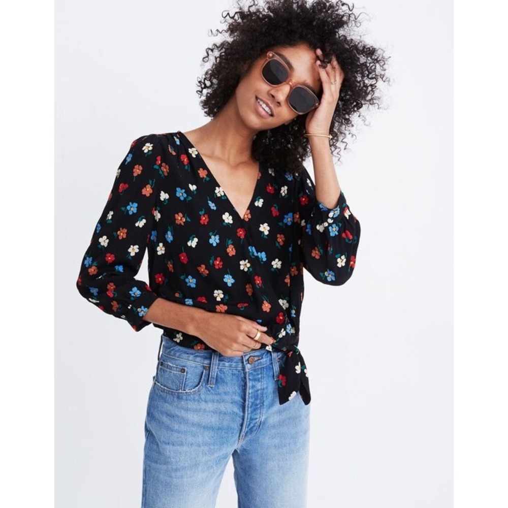 Madewell Womens Floral Wrap Side Tie Top Black Multi Color Viscose Size M